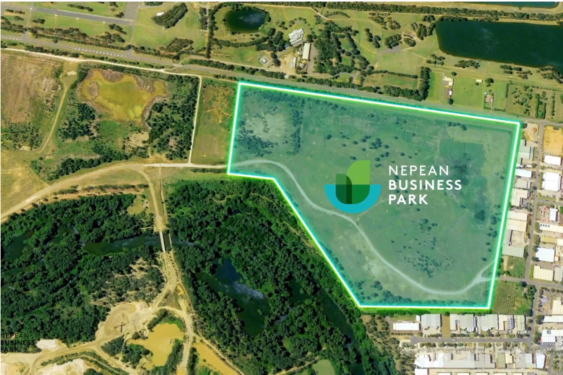 aerial photograph with graphics highlighting location of nepean business park