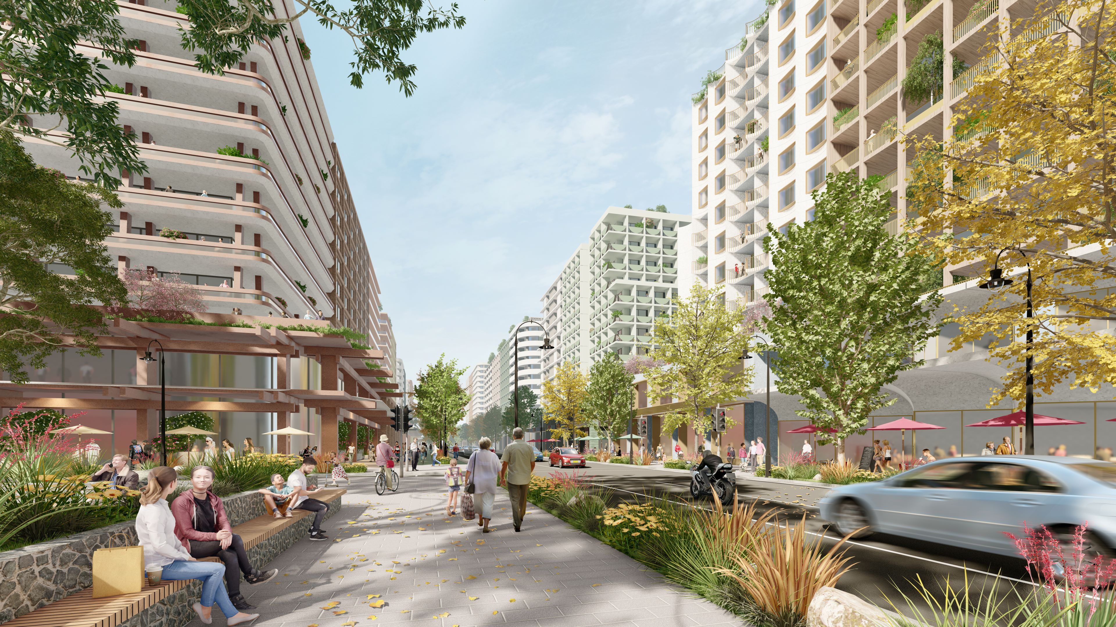 Visualisation along Queen Street facing north with the new central park to the left